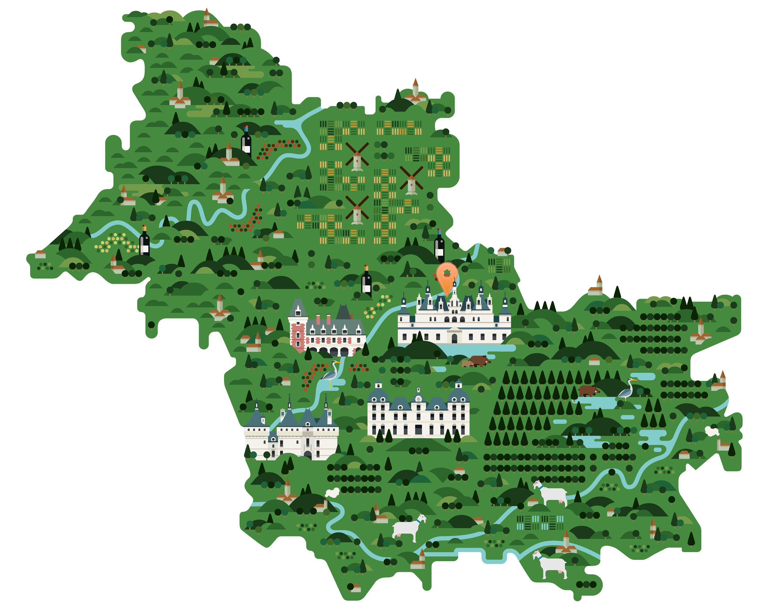 Touristic map cottage Le Mas de Loire located at the gate of Chambord Estate, Loire valley.